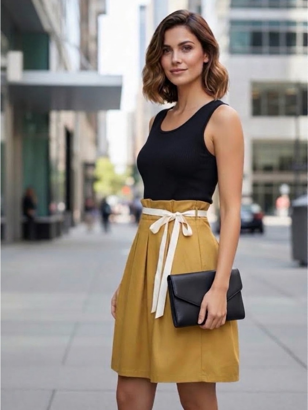 Pink Martini Colorblock Dress - Black Knit Top Ochre Gold Pleated Skirt Size:  M